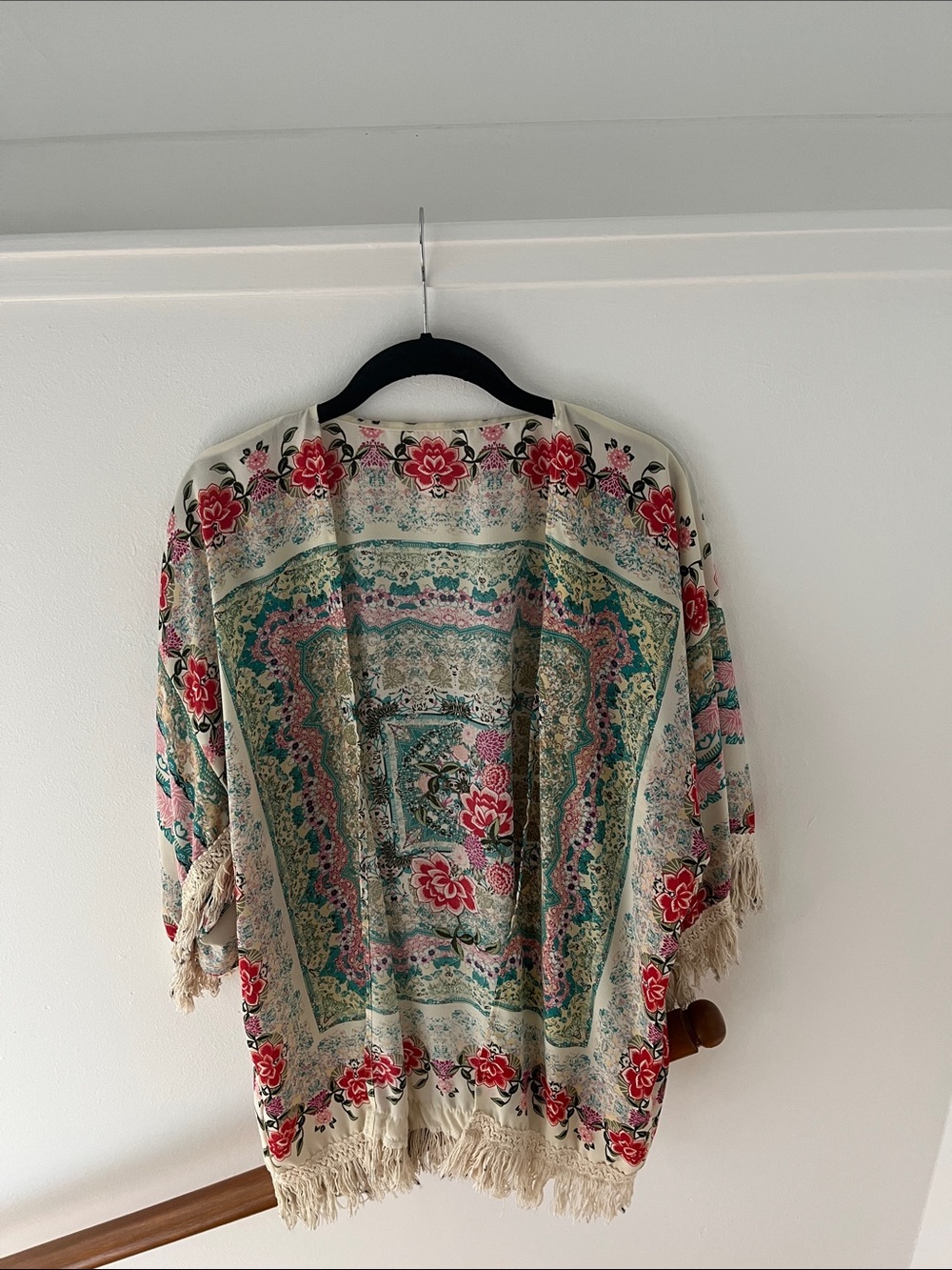 Floral Fringe Kimono Cover-Up in Cream, Teal & Pink